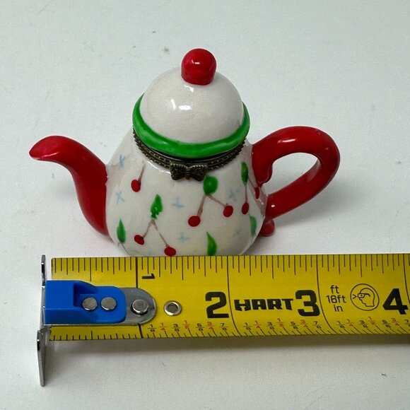 Vintage Mini Teapot Trinket Box Red Green Ceramic Hinged Cherry Holiday Decor - Picture 9 of 16